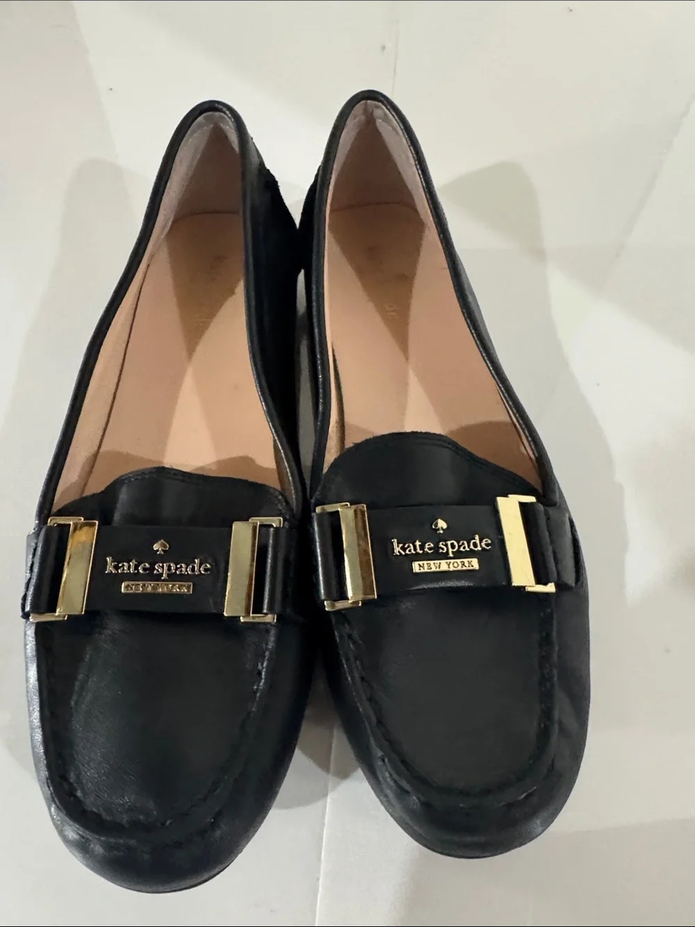 kate spade Black Leather Loafers with Gold Buckle Accents